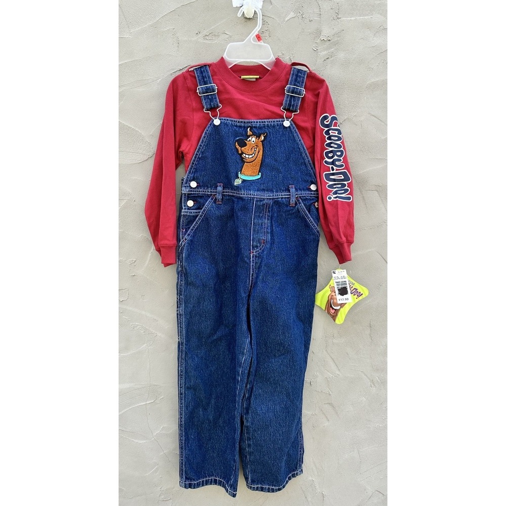 Vintage Scooby-Doo Denim Overalls Long Sleeve Red Shirt Set New Size 6 Kids